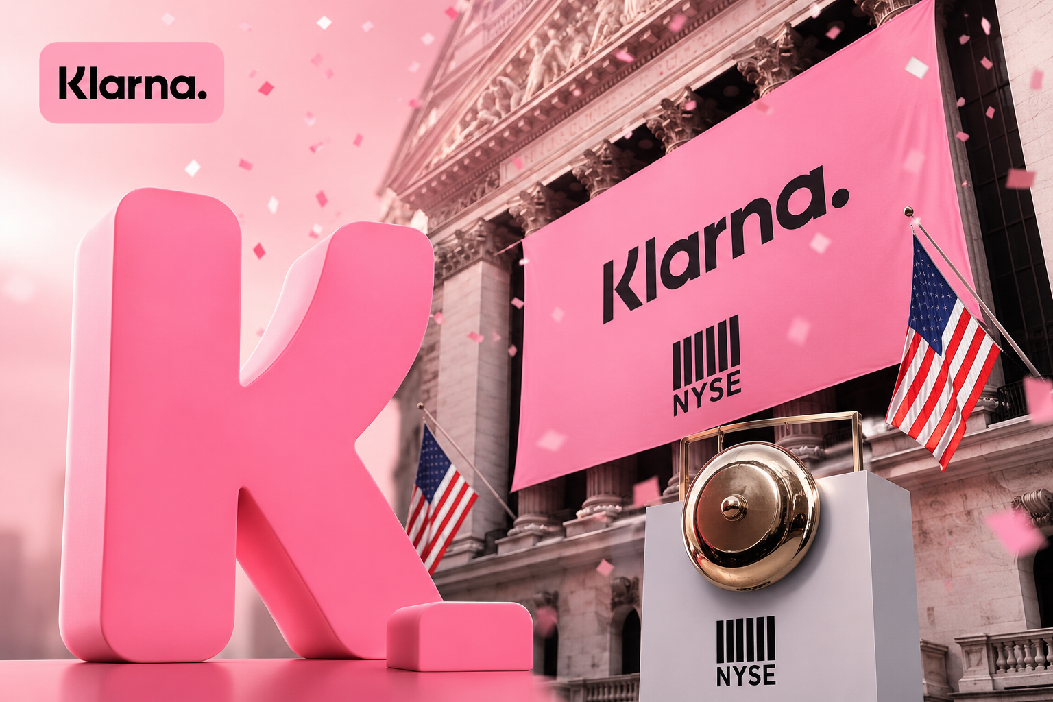 Klarna's logo standing near NYSE bell for opening