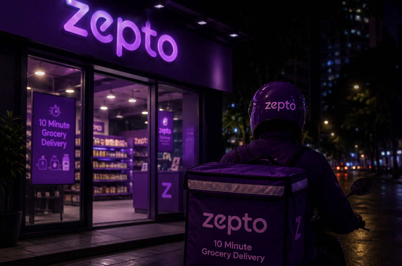 Zepto delivery partner arrived at the warehouse to pick up the order in rain.
