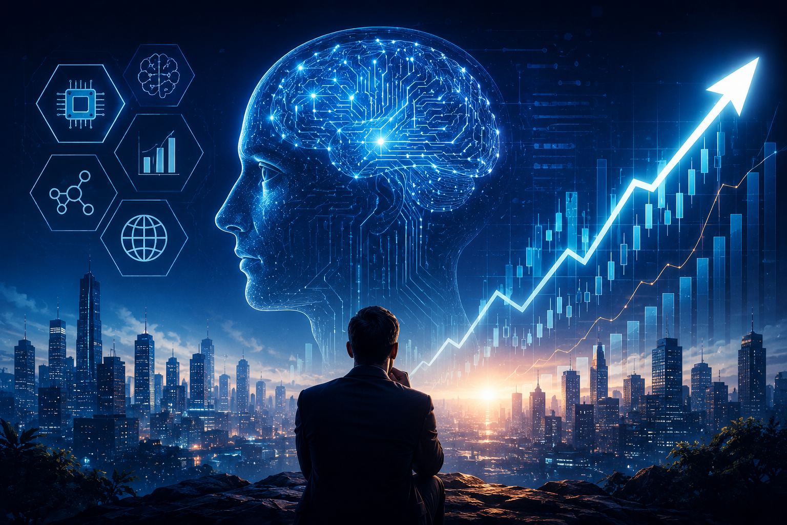 Futuristic artificial intelligence concept showing digital AI brain, financial growth chart, and smart investor analyzing AI stock market trends in 2026.