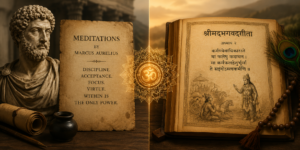 Split image of ancient Roman manuscript and Bhagavad Gita scripture side by side — Stoicism and Indian philosophy convergence
