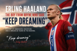 Erling Haaland celebrating at the FIFA World Cup 2026 with Norway after scoring his fourth goal of the tournament with the text Keep Dreaming overlaid in white