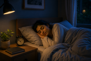 Person sleeping peacefully in a dark room with morning light filtering through curtains — rest as discipline