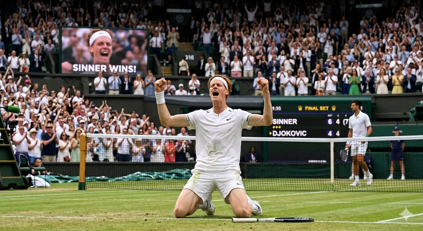 Jannik Sinner celebrating on Centre Court at Wimbledon 2026 — the quiet storm from the Dolomites defending his title