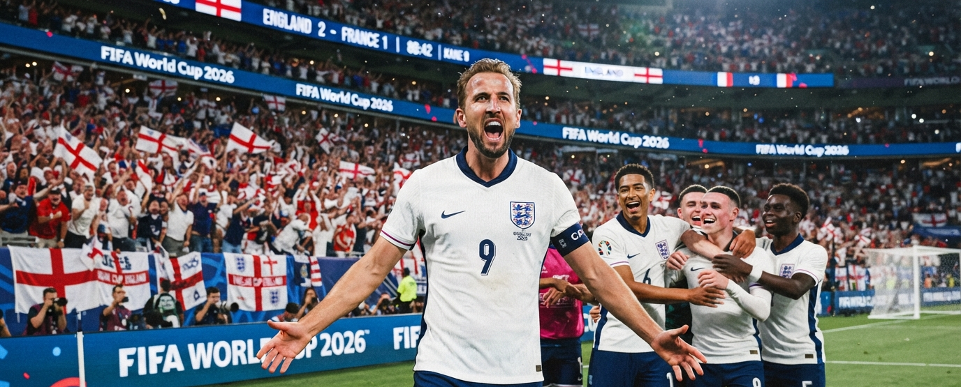 Harry Kane celebrating a World Cup 2026 goal in England white kit — the greatest English scorer in history, still scoring at 33