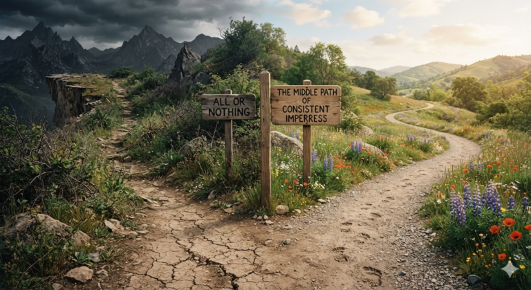 A cracked path splitting into two directions — all or nothing vs. the middle path of consistent imperfect progress