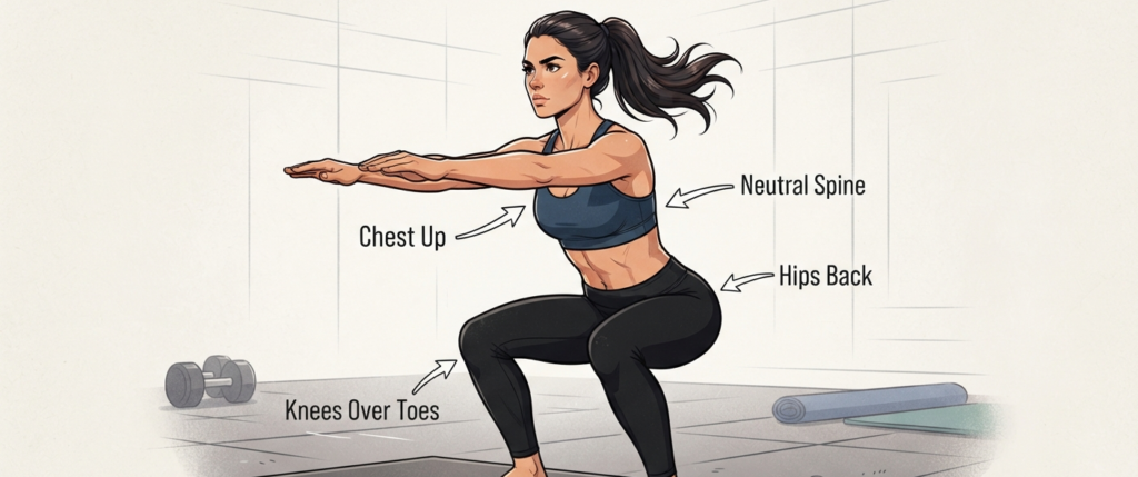 Person doing a quick bodyweight squat in a small apartment space — 10-minute workout at home in India