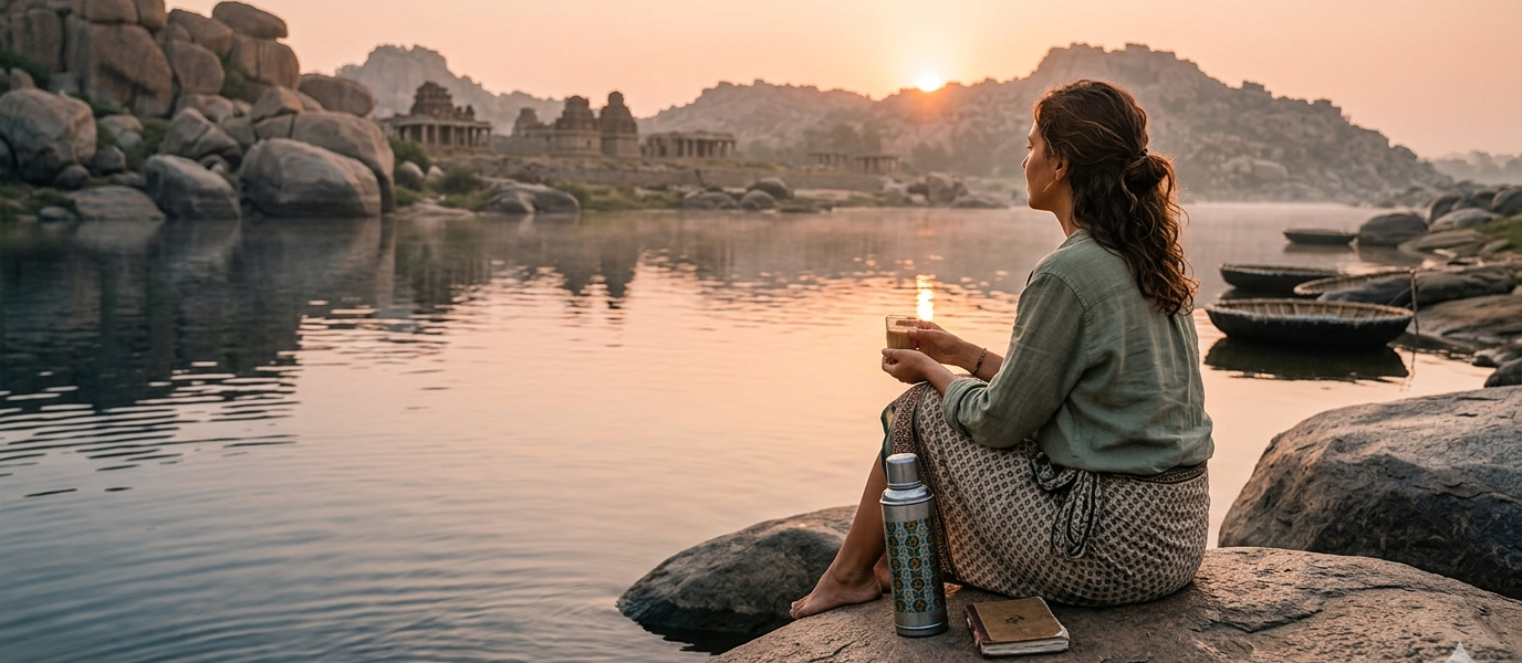 Person sitting at a quiet riverside in Hampi Karnataka with tea at sunrise — slow-mo travel mindset India