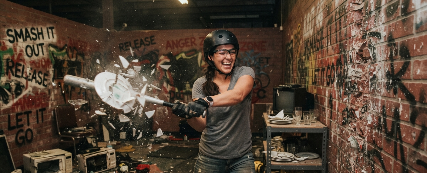 Person in protective gear raising a bat in a rage room surrounded by breakable objects — controlled anger expression as a wellness trend