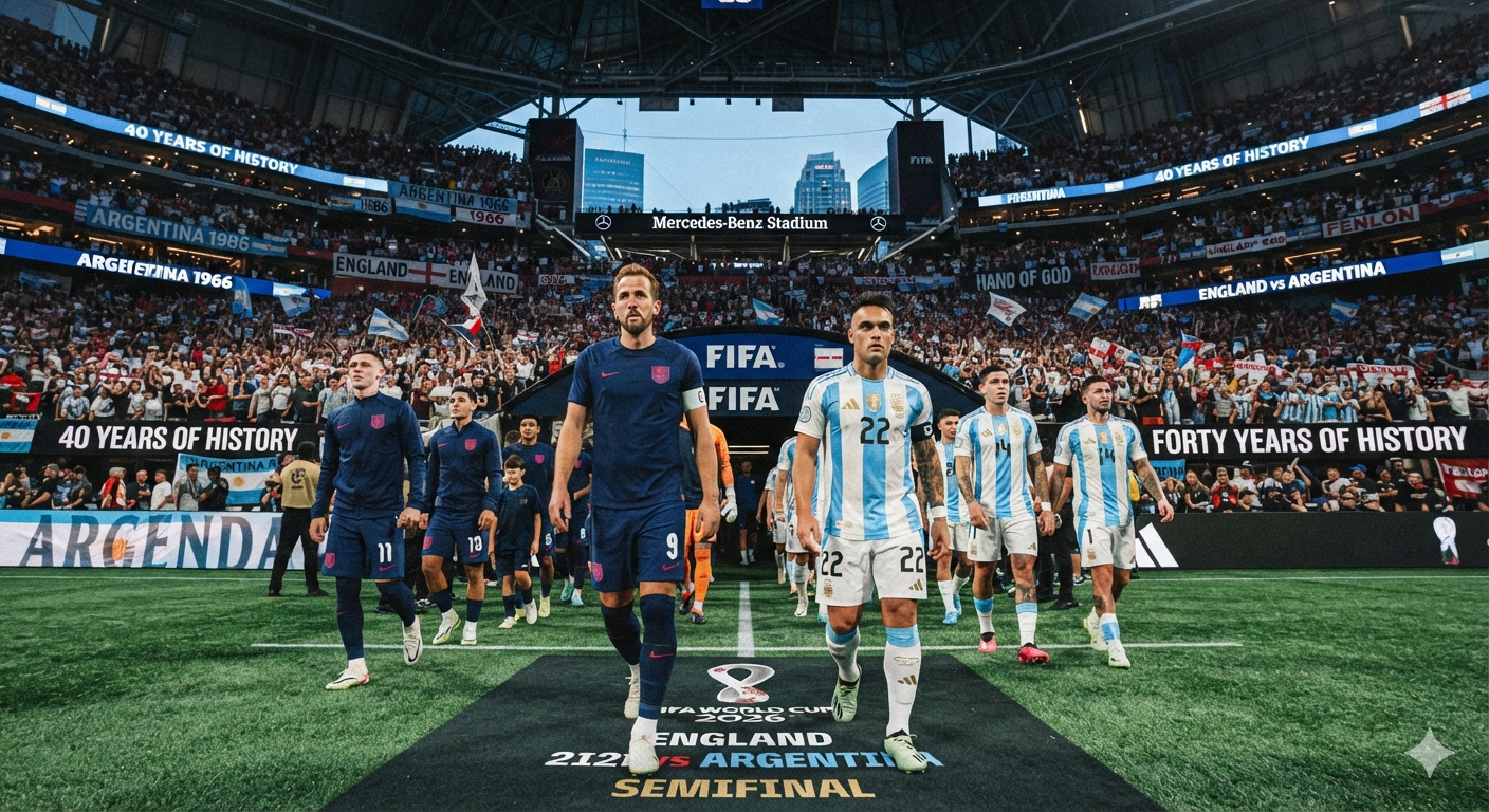 England and Argentina players walking onto the pitch at the 2026 World Cup semifinal in Atlanta — the weight of forty years of history between them