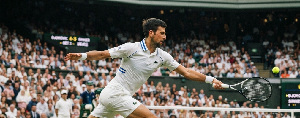 Novak Djokovic raising his fist on Centre Court at Wimbledon — the greatest champion in tennis history built from the ruins of war-torn Belgrade