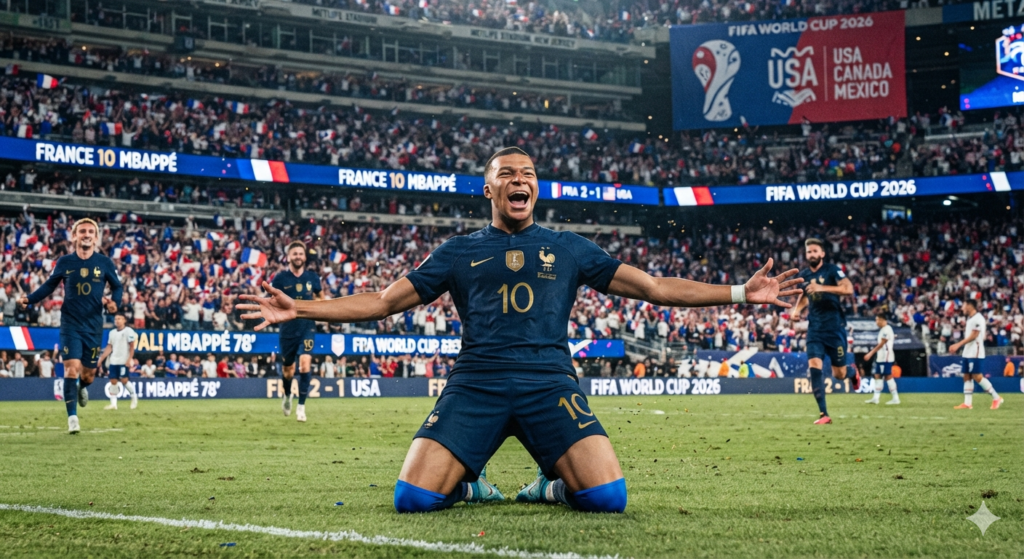 Kylian Mbappé in France kit at the 2026 World Cup, arms wide in celebration — the boy from Bondy carrying a nation