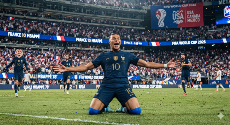 Kylian Mbappé in France kit at the 2026 World Cup, arms wide in celebration — the boy from Bondy carrying a nation