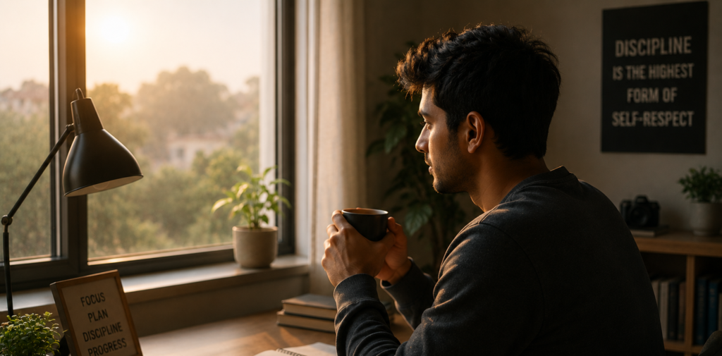 Person sitting quietly at a desk in early morning light, hands around a cup of tea, preparing to begin — discipline as a quiet daily practice