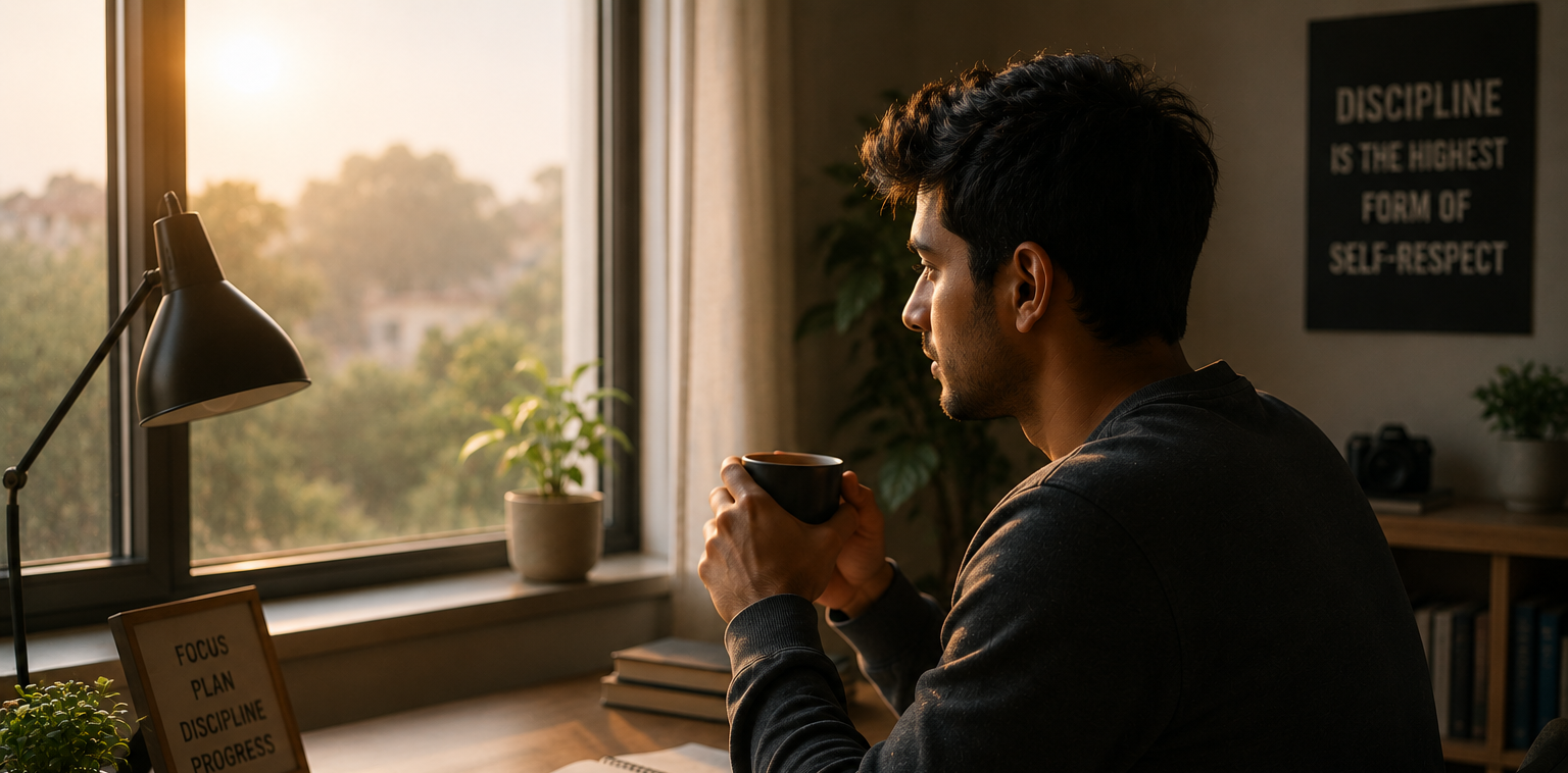 Person sitting quietly at a desk in early morning light, hands around a cup of tea, preparing to begin — discipline as a quiet daily practice