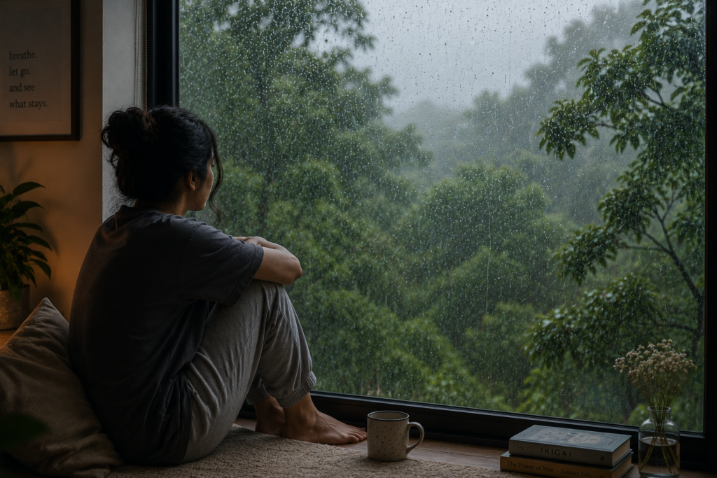 Person sitting by a window watching monsoon rain fall on green trees — peaceful and contemplative