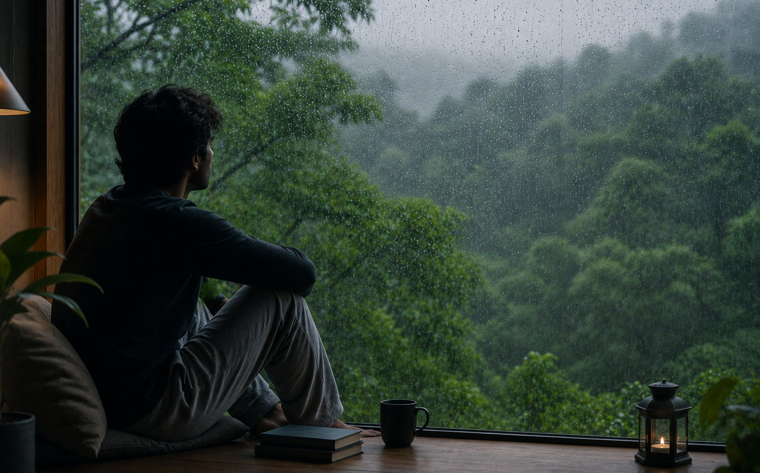 Person sitting by a window watching monsoon rain fall on green trees — peaceful and contemplative